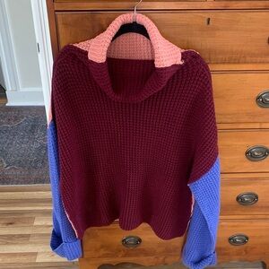 Free People Colorblock Knit Sweater - Burgundy, Pink, and Blue